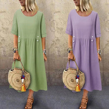 Load image into Gallery viewer, Women&#39;s Crew Neck Ruched Button Cotton Linen Dress