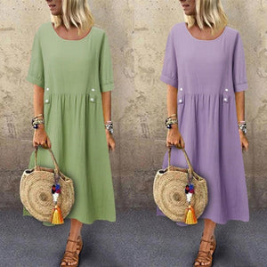 Women's Crew Neck Ruched Button Cotton Linen Dress