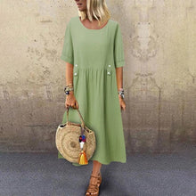 Load image into Gallery viewer, Women&#39;s Crew Neck Ruched Button Cotton Linen Dress