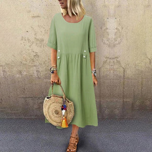 Women's Crew Neck Ruched Button Cotton Linen Dress