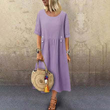 Load image into Gallery viewer, Women&#39;s Crew Neck Ruched Button Cotton Linen Dress