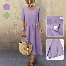 Load image into Gallery viewer, Women&#39;s Crew Neck Ruched Button Cotton Linen Dress