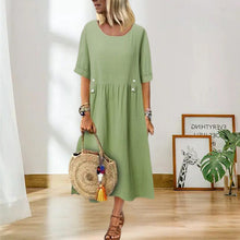 Load image into Gallery viewer, Women&#39;s Crew Neck Ruched Button Cotton Linen Dress