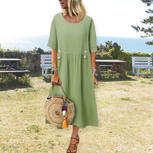Load image into Gallery viewer, Women&#39;s Crew Neck Ruched Button Cotton Linen Dress