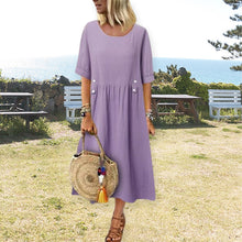 Load image into Gallery viewer, Women&#39;s Crew Neck Ruched Button Cotton Linen Dress