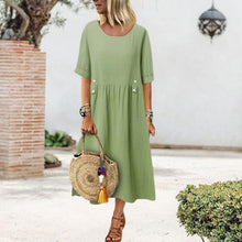 Load image into Gallery viewer, Women&#39;s Crew Neck Ruched Button Cotton Linen Dress