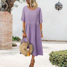 Load image into Gallery viewer, Women&#39;s Crew Neck Ruched Button Cotton Linen Dress
