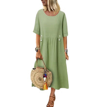 Load image into Gallery viewer, Women&#39;s Crew Neck Ruched Button Cotton Linen Dress